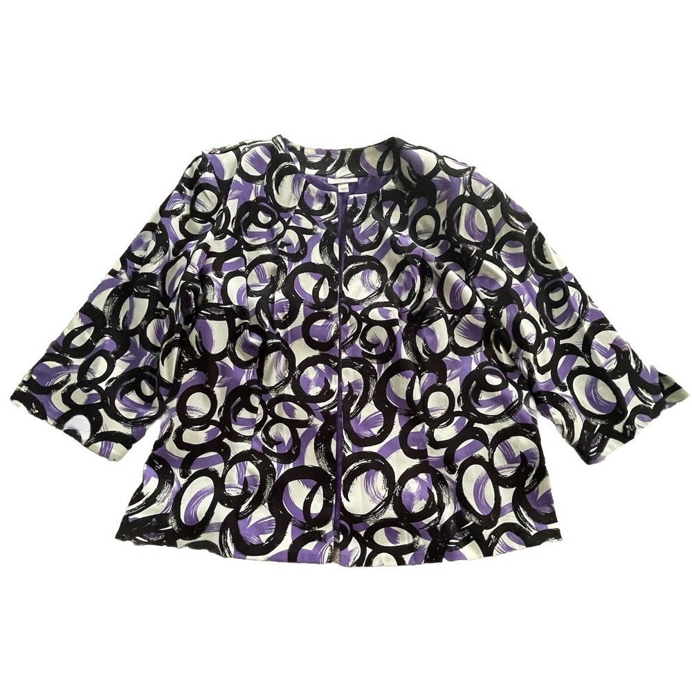 Dressbarn Women 14/16 Purple Black Open Front Cardigan Jacket 3/4 Sleeve